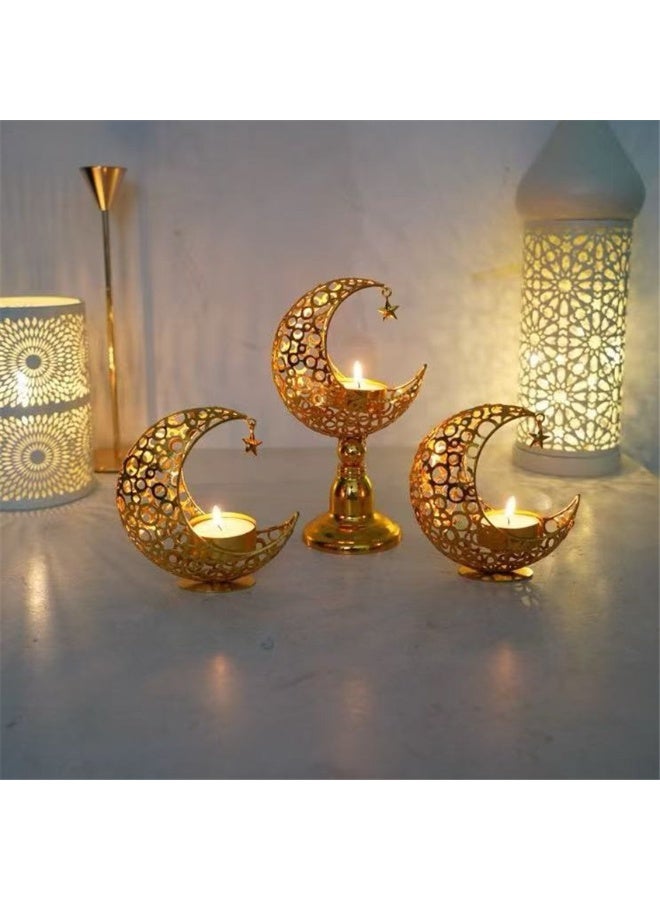 Eid Moon Candle Holder, Ramadan Hollowed Decoration Light Atmosphere Modeling Decor for Eid and al Adha Celebration, Home Table Party Ramadan Tabletop Lighting Decoration (Gold) - Image 5